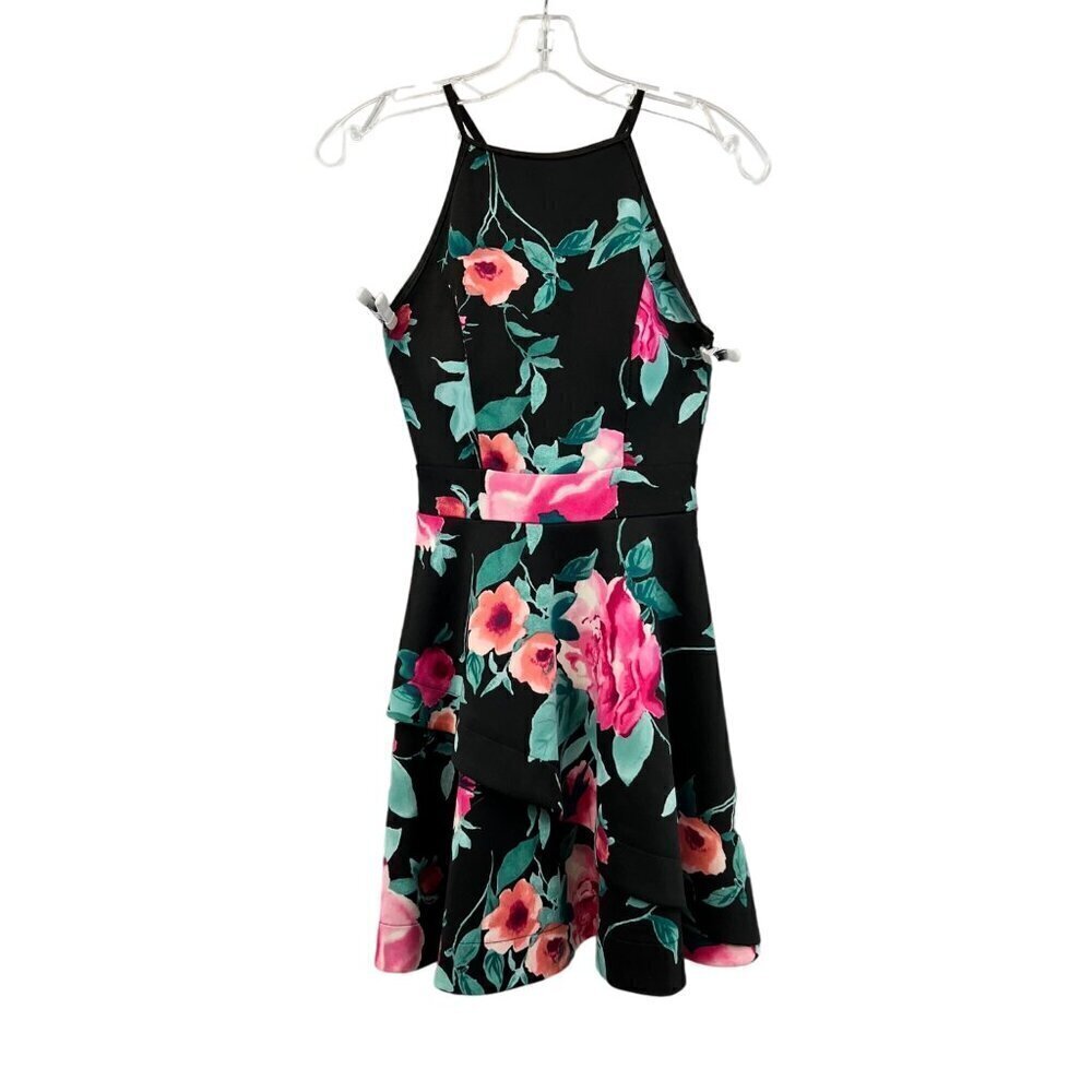Speechless Halter A-Line Black/Multi Floral Above Knee Dress 5 Juniors Zip